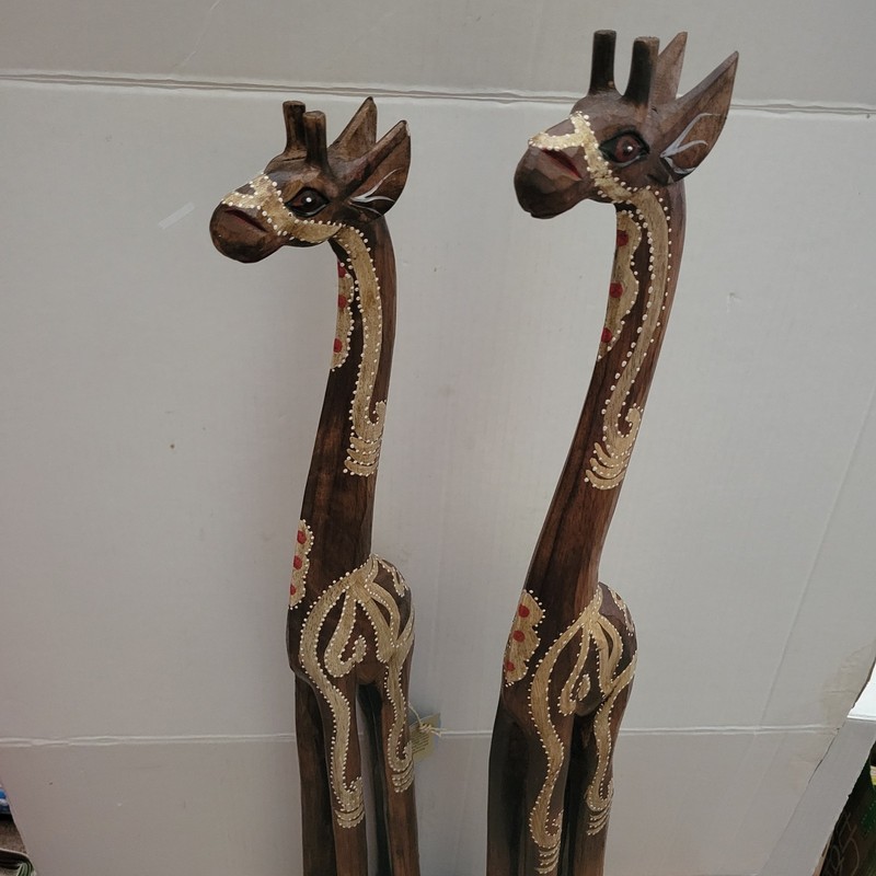 Set Of 2- Wooden Hand Crafted Giraffe. 31 Inches Tall