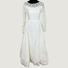Vtg White Floral Lace Wedding Dress Pearl Neckline Tiered Bustle Gown 26 Waist