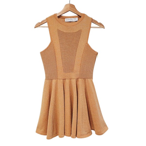 Alice McCall Size 8 Terracotta Gold Metallic Lurex Knit Skater Mini Dress