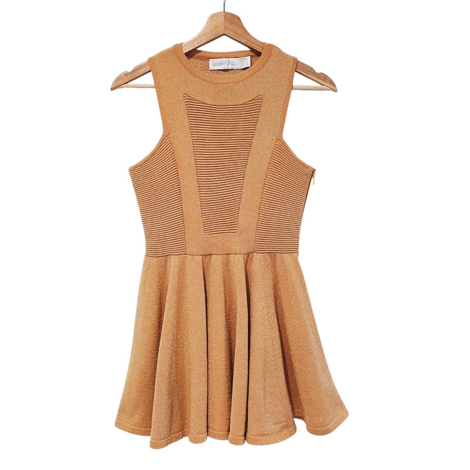 Alice McCall Size 8 Terracotta Gold Metallic Lurex Knit Skater Mini Dress