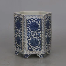 6.1" Chinese Qing Blue-and-white Porcelain Lotus Flower Six Sides Brush Pot