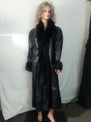 【Fallett】Fur Collar Half Mustang★韓国発★ VTG 80s Black Leather Craft Long Full Coat Fox Fur Snakeskin