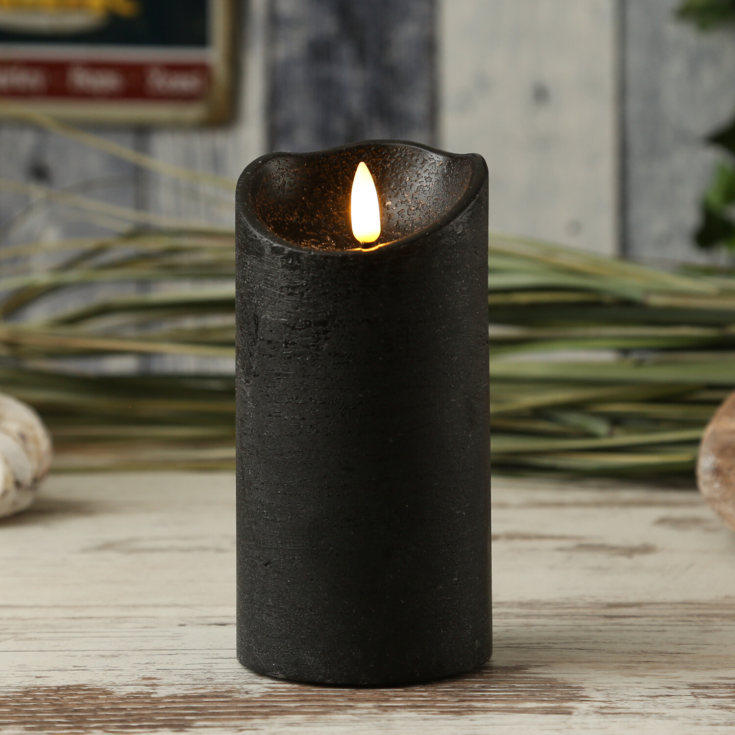 LED Kerze Rustik Optik Echtwachs flackernde Flamme H:15cm Timer Batterie schwarz