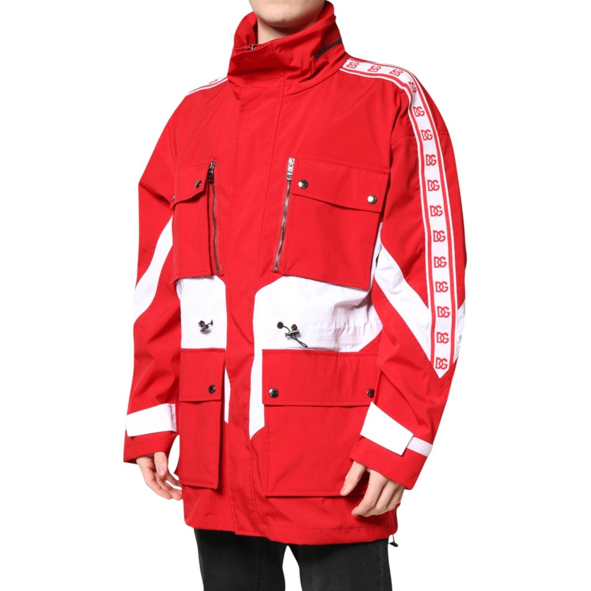 DOLCE & GABBANA Jacket Red White Nylon Full Zip Windbreaker
