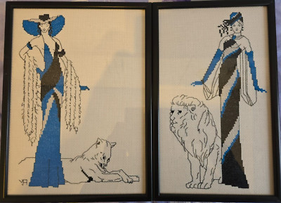 Paar gerahmte gezählte Kreuzstich elegante 20er Jahre Jugendstil Damen mit Löwen