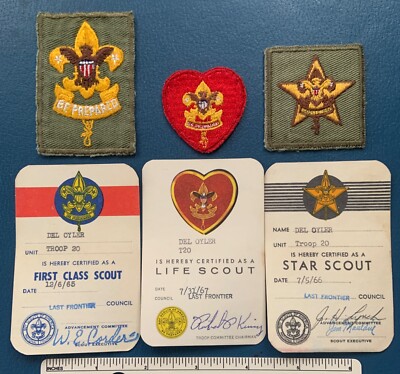 VTG 1960s FIRST CLASS STAR LIFE Rank PATCHES & CARDS BSA Last Frontier Council