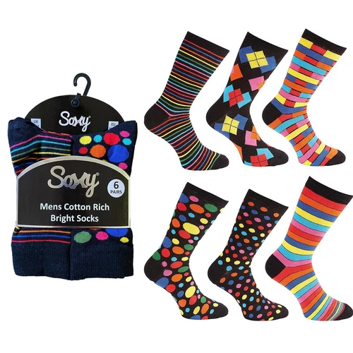 6 Pairs Mens Soxy Vivid Designer Assorted Socks Size 6-11 Stripes Spots Bright