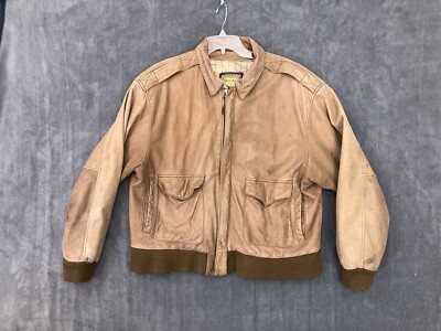 VTG Hunters Run Leather Jacket Mens Large Brown Full Zip Bomber Lined Moto