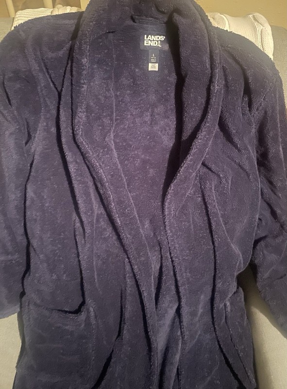 Lands' End Men's Blue Fleece Polyester Robe Collared Tie Closure Size L