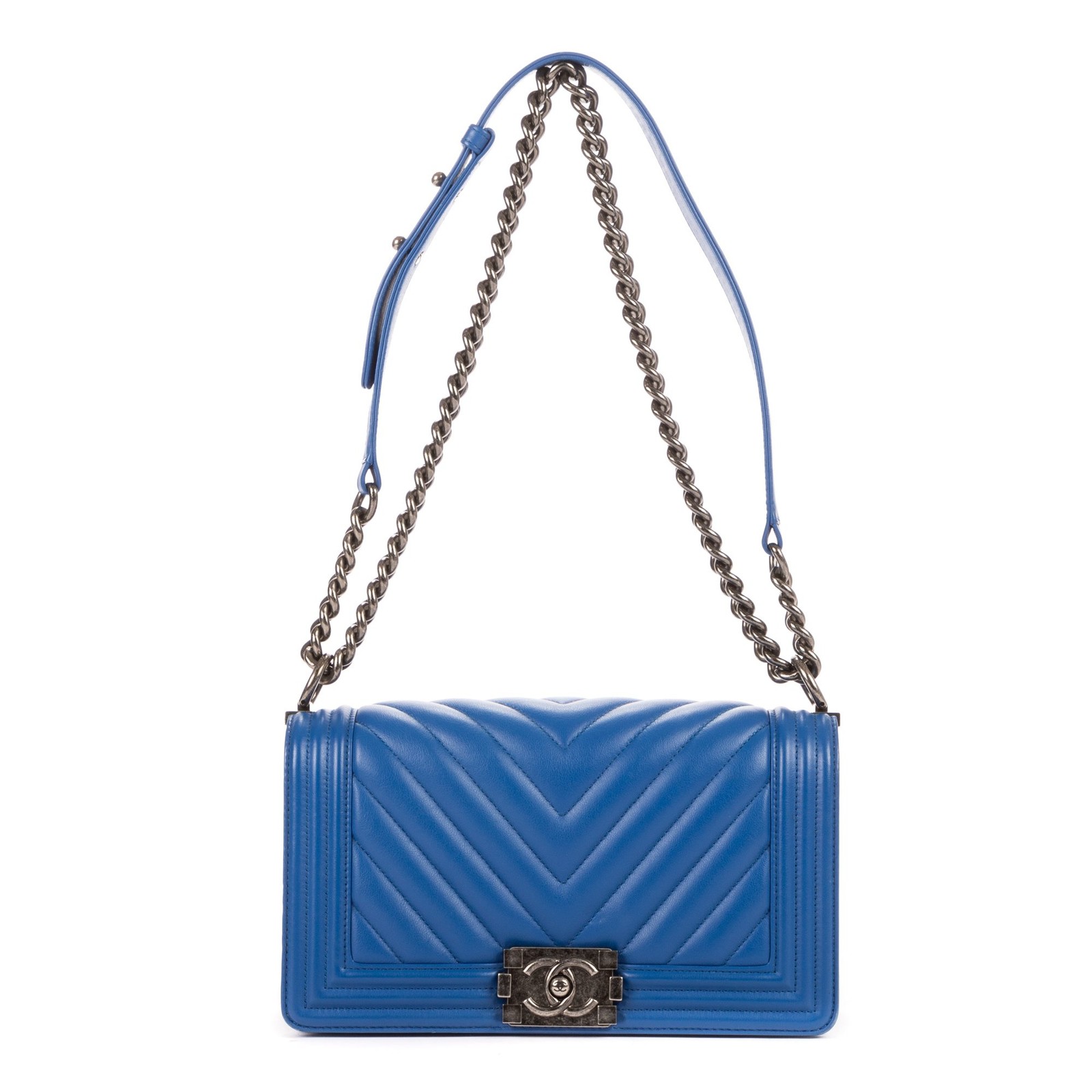 Chanel Boy Chevron Blue with Papers Unisex Bag #BCP053