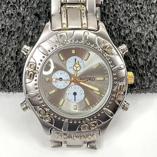 Vintage Seiko Chronograph Alarm Watch Titanium Band 7T32 Movement 18k Plated Jap