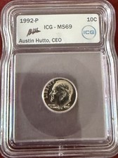 1992-P ICG-MS69 Dime Signed By Austin Hutto graded slab
