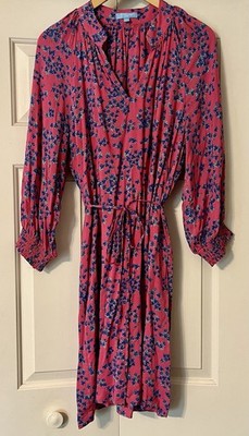 Draper James RSVP V-Neck Smocked Sleeve Pink Blue Ditsy Floral Dress Sz L