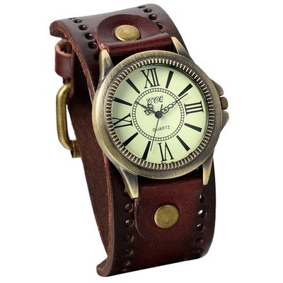 JewelryWe Vintage Leather Strap Wide Band Wristwatch roman numerals brown 
