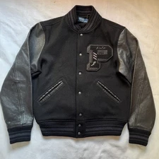 Polo Ralph Lauren Varsity Iconic Letterman Wool Leather Jacket Black