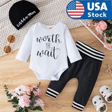 Newborn Baby Boys Letter Printed Long Sleeved Jumpsuit Pants Hat Outfits Set