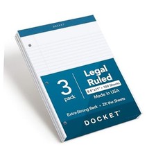Docket Writing Pads, Legal Rule, White Paper, 3-Hole Punched, 8-1/2" x 11-3/4"