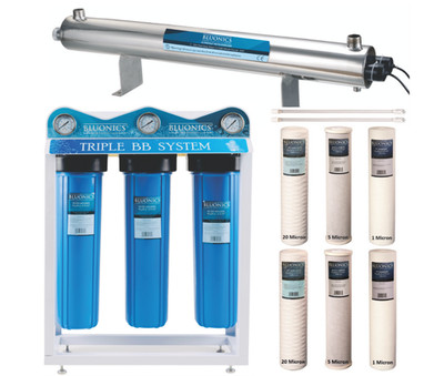 110W UV Whole House Water Filter System 24GPM Triple Big Blue w/ Extra Filters