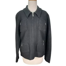 Vintage Eagle's Eye Black Motto Zip 100% Soft Wool Sweater With Pockets Size XL