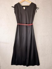 Vintage 70s 80s Black Satin Midi Dress Ruched V-Neck A-Line Made Germany UK 16