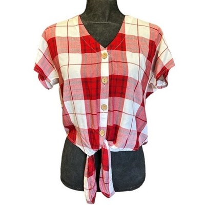 NWT Universal Thread Red & White Plaid Tie Front Button-Up V-Neck  Women's XS