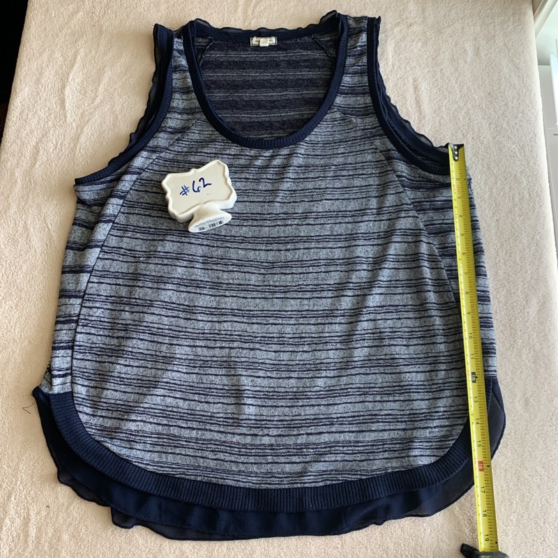 #62 Woman’s 1X Navy Blue Striped Tank Top Sheer Navy Ruffle Edges By Eyeshadow