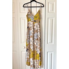 ASTR The Label Floral Maxi Dress Tan Yellow Blue Faux Wrap V-Neck Small