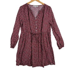 Loft Split Neck Ditsy Floral Print Long Sleeve Mini Dress size Medium Red/Black