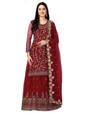 Women's Net Embroidery Salwar Suit Set Kurta Lehenga with Dupatta G112-Maroo...