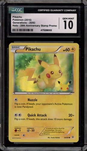 Pokemon Pikachu XY Generations 20th Anniversart Stamp Holo Promo #26 CGC 10