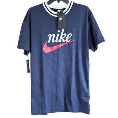 Nike Men's Mesh T-Shirt Navy Blue Red Swoosh Logo Short Sleeve Top S