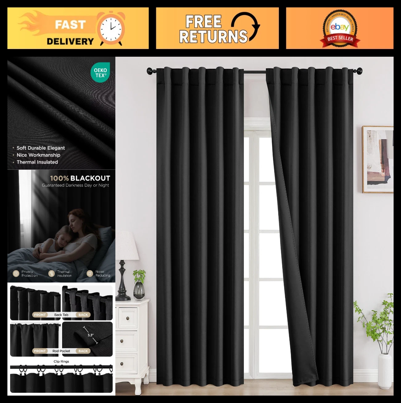 90 Inch Blackout Curtains - Thermal Insulated Room Darkening Drapes, 2 Panels Se