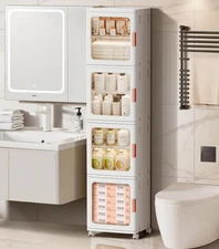4-Tier Tall Narrow Bathroom Storage Cabinet with Doors and Adjustable Shelves...