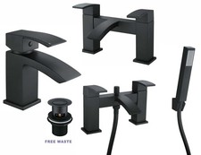 Bathroom Modern Waterfall Black Basin Sink Mono Square Mixer Tap Filler Waste