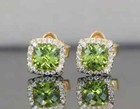 Stud Earrings 14K Yellow Gold Plated 3Ct Cushion Lab-Created Green Peridot Halo