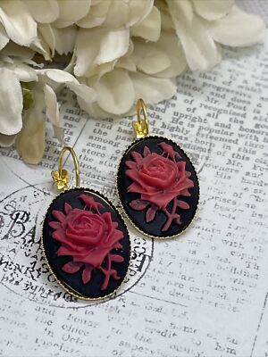 Gold Red & Black Gothic Rose Wedding Setting Anniversary Earrings Cameo Birthday