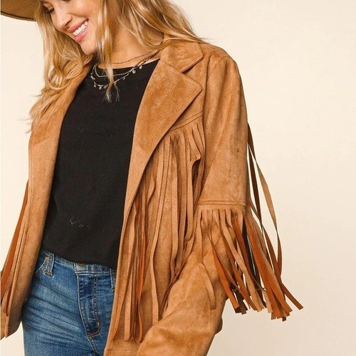 Faux Suede Jacket Women Large Western Fringe Boho Open Tan Coastal Cowgirl - Bild 3 von 20