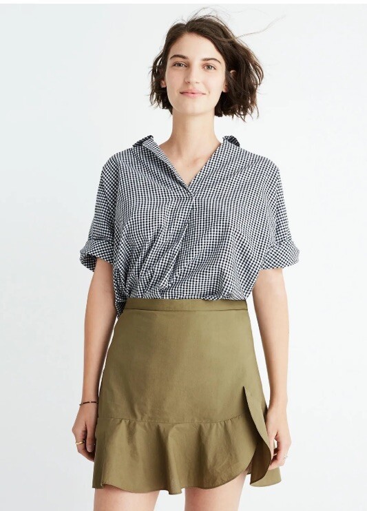 NWT Madewell Ruffle-Wrap Mini Skirt Khaki Faux Wrap Ruffle Hem Size 12 Large