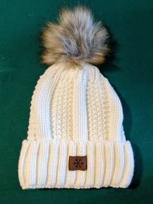 White Knit Beanie With Faux Fur Poof 