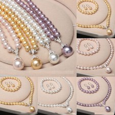 Women Party 8-10mm Shell Pearls Necklace Earrings Bracelet Jewelry Set Christmas