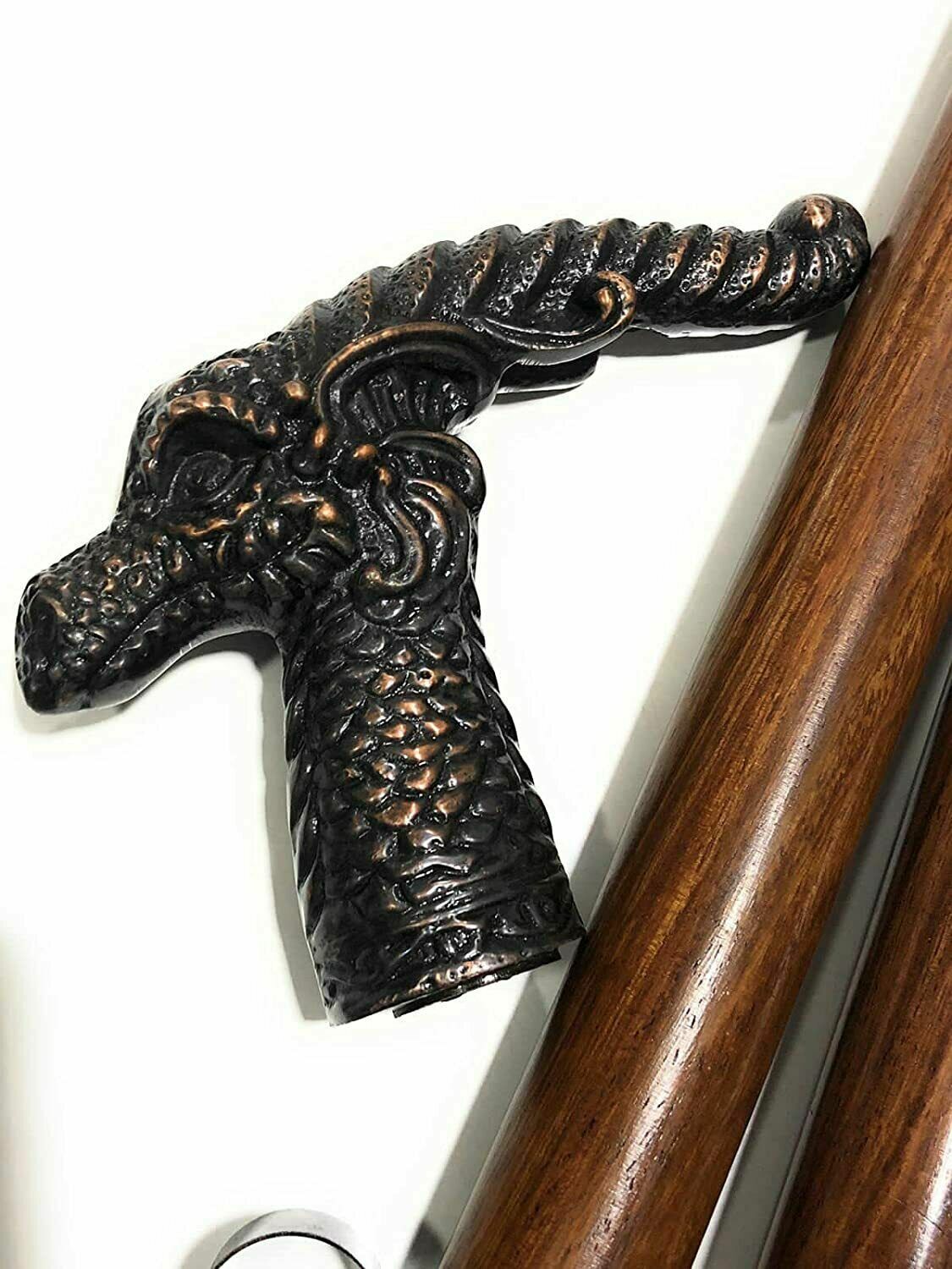 Antique Solid Brass Style Dragon Head Black Wood … - image 1
