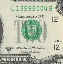 2017A Year Note Birth/Anniv/Grad/TombTwo Dollar Bill L13592004B CU San Fran 2004