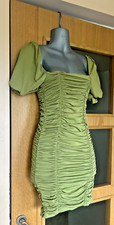 Oh Polly Size 10 Green Ruched Dress Bodycon Mini Stretch