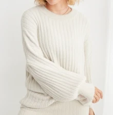 NWT AERIE SWEATER Buttercream RIBBED FUZZY KNIT Crewneck OVERSIZED Balloon Slv M