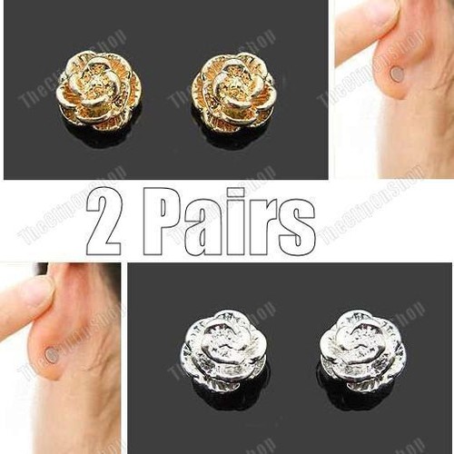MAGNETIC clip on ROSE STUD EARRINGS flower GOLD/SILVER PLATED non-pierced studs - Picture 4 of 4