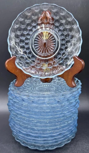 VINTAGE LIGHT BLUE BUBBLE DEPRESSION ANCHOR HOCKING GLASS SAUCER SET 18