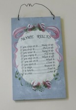 Hand-painted Home Rules Plaque Country Blue Dusty Rose