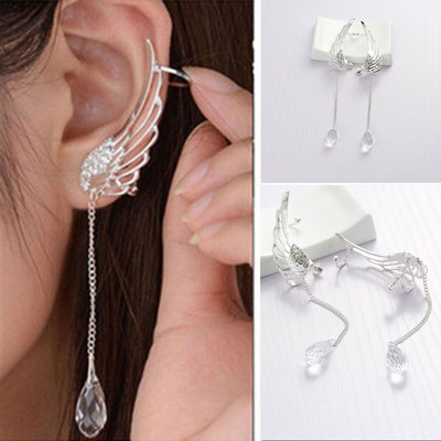 Ear Cuff Clip On Stud Wrap Earrings Angel Wing Tassel With Clear Rhinestones