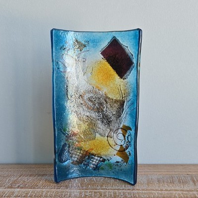 Mixaha Glass Artistic Fused Glass Decorative Tray Blue Abstract 7x4 Inches