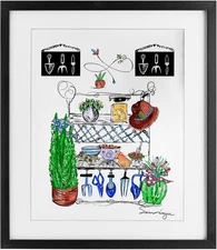 Spring Gardening Potting Shed Black Framed Print under Glass Design by Susan Lug